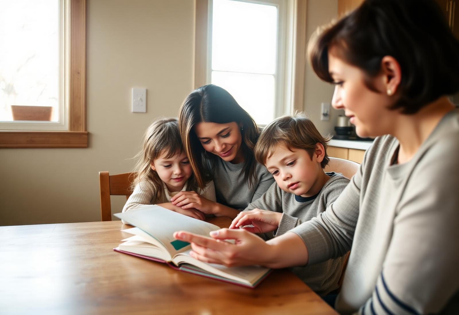A parent reads with two young children at a sunlit kitchen table.